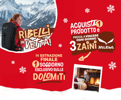 Banner dell'iniziativa con la spiegazione della meccanica del concorso: Ribelli in vetta! Loacker. Acquista 1 prodotto e prova a vincere ogni giorni 3 zaini salewa. In estrazione finale un soggiorno esclusivo sulle Dolomiti